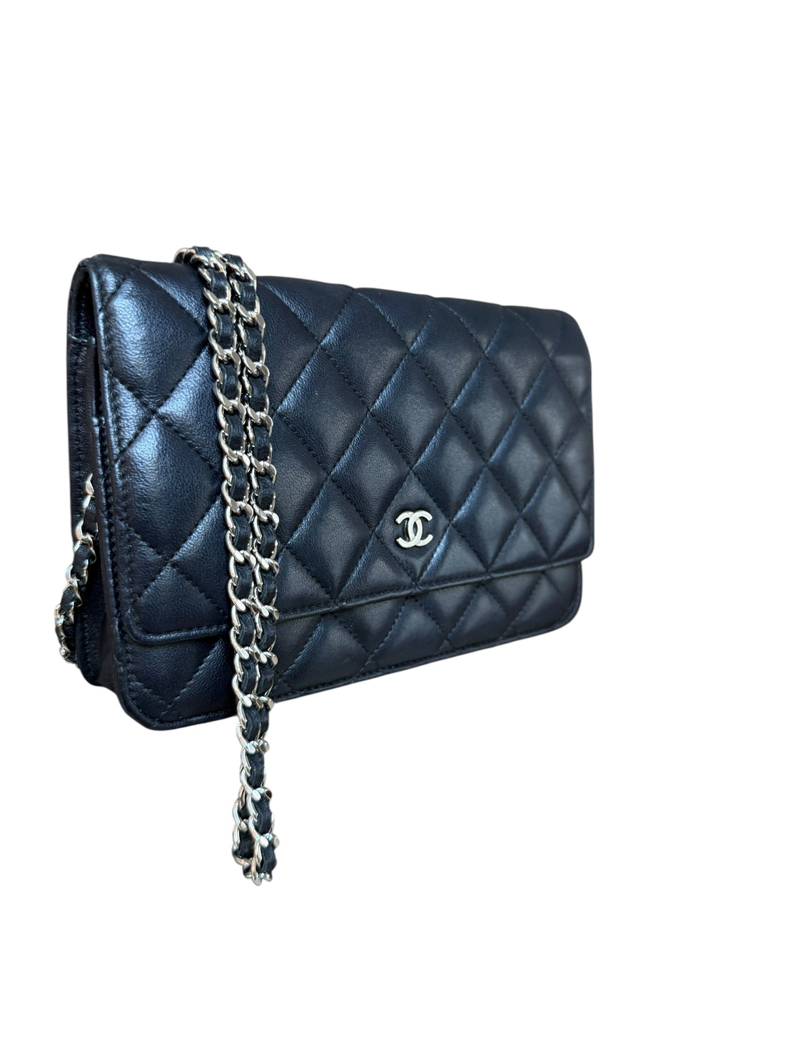 Chanel WOC Wallet on Chain aus schwarzem Lammleder und silberfarbener Hardware