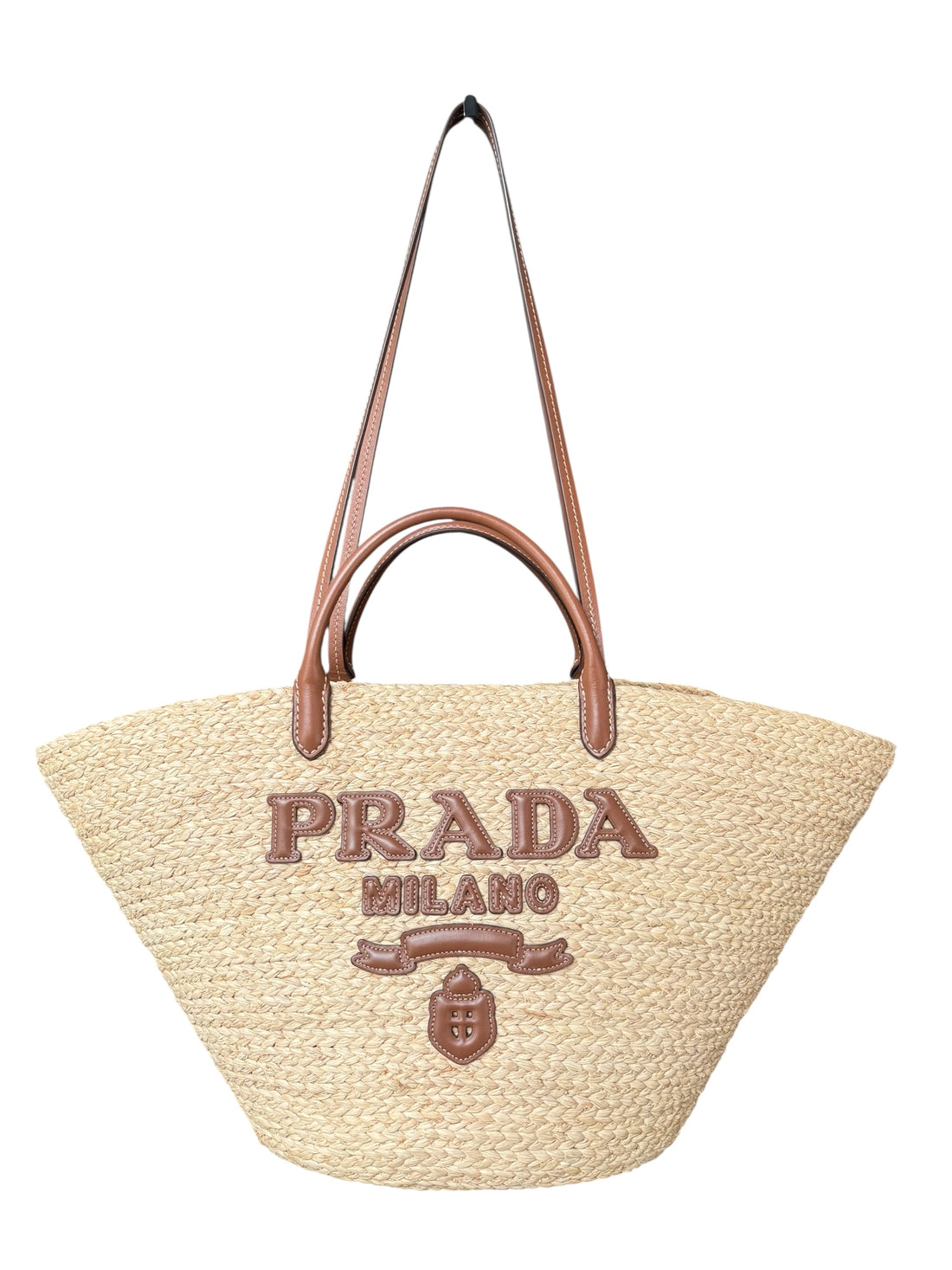 Prada Shoppingtasche aus Bast und Leder in den Farben beige/cognac