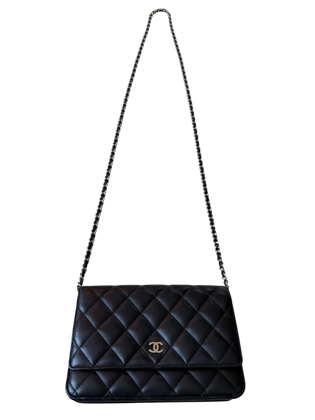 Chanel WOC Wallet on Chain aus schwarzem Lammleder und silberfarbener Hardware