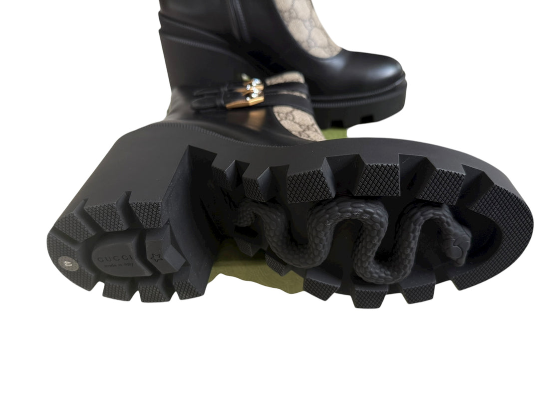 Gucci Stiefeletten aus schwarzem Leder und beigefarbenem Canvas in der Grösse 40.