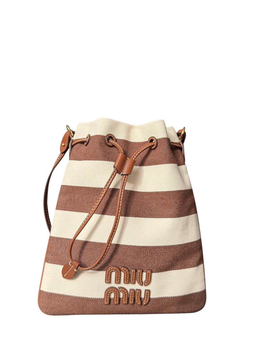 Miu Miu Beuteltasche aus braun-weiss gestreiftem Canvas und Kordelzug aus Leder