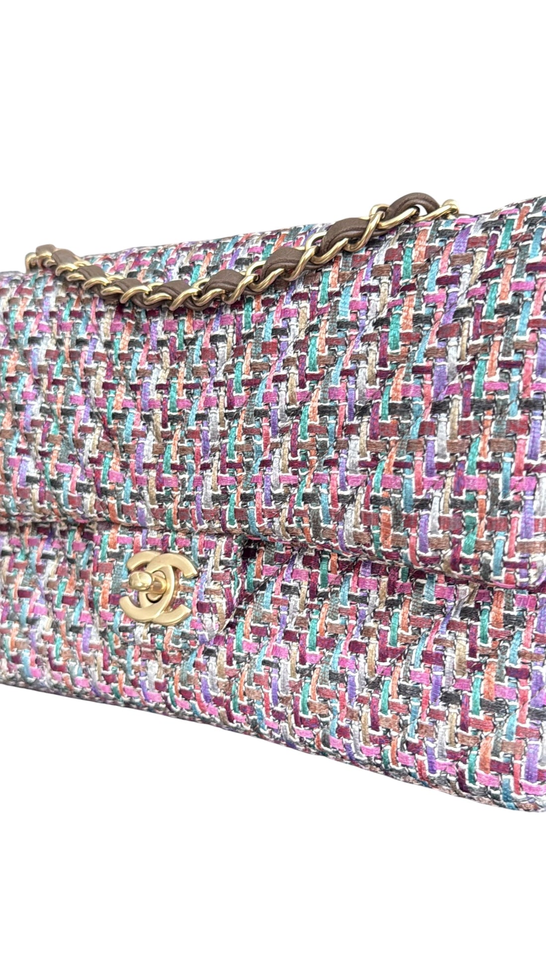 Chanel Timeless Double Flap Bag Medium mehrfarbig in den Farben rosa/lila/grau/turkis/grün/beige in Tweed