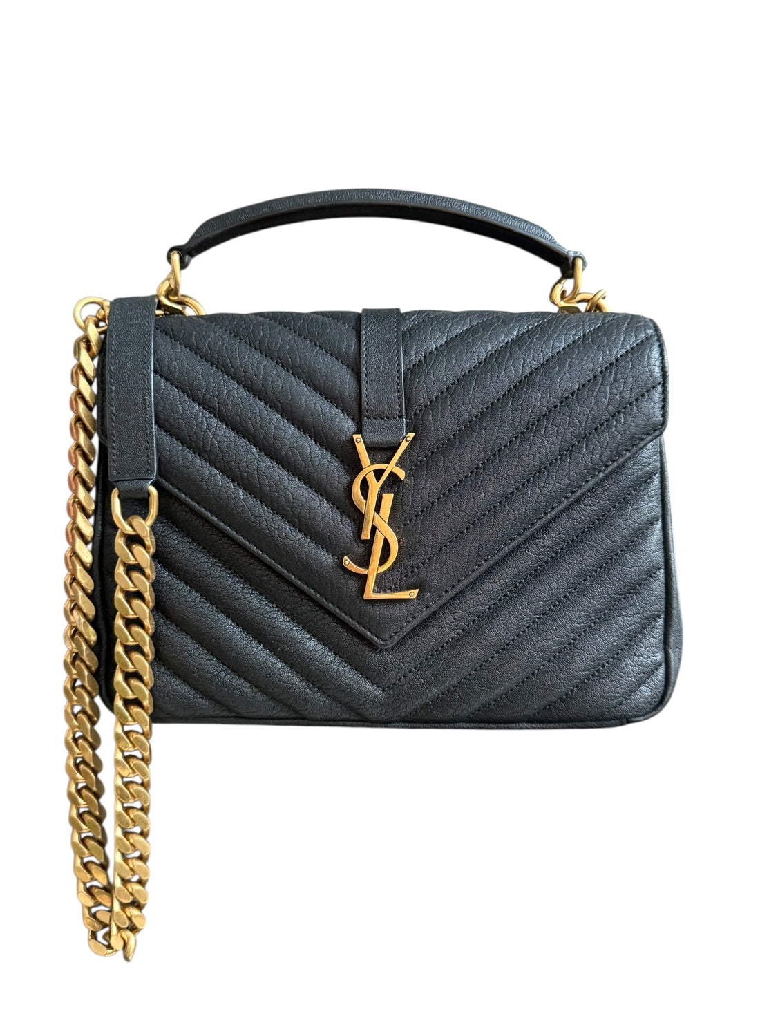 YSL Saint Laurent Collège Medium Schultertasche aus gestepptem schwarzem genarbtem Leder