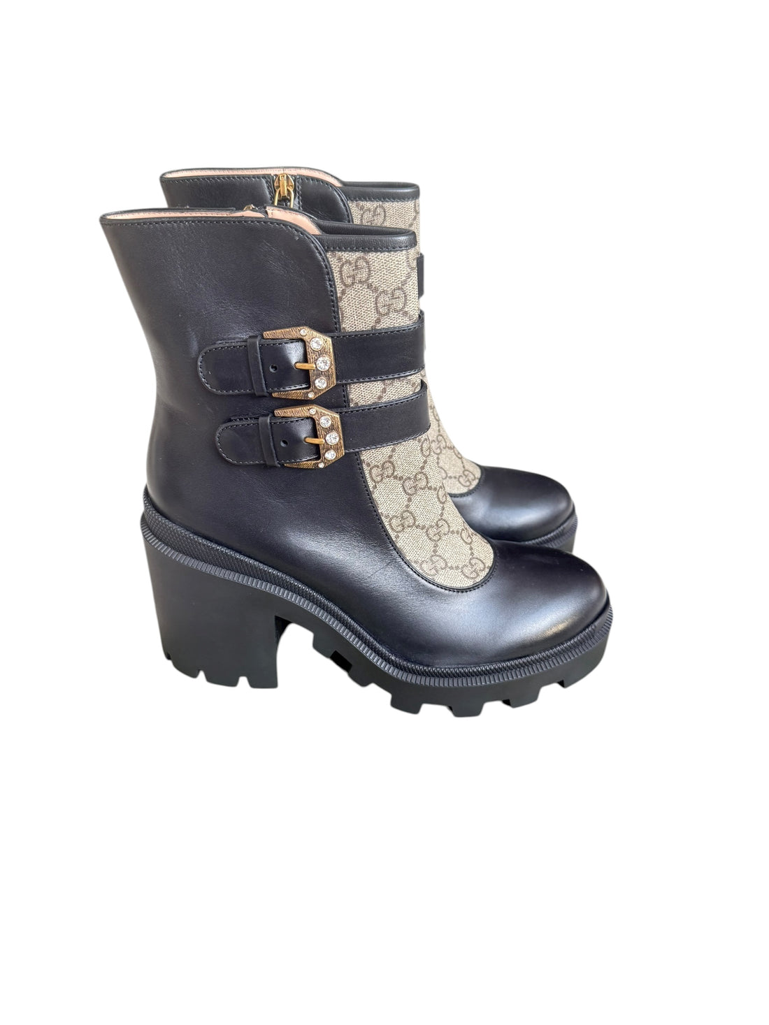 Gucci Stiefeletten aus schwarzem Leder und beigefarbenem Canvas in der Grösse 40.