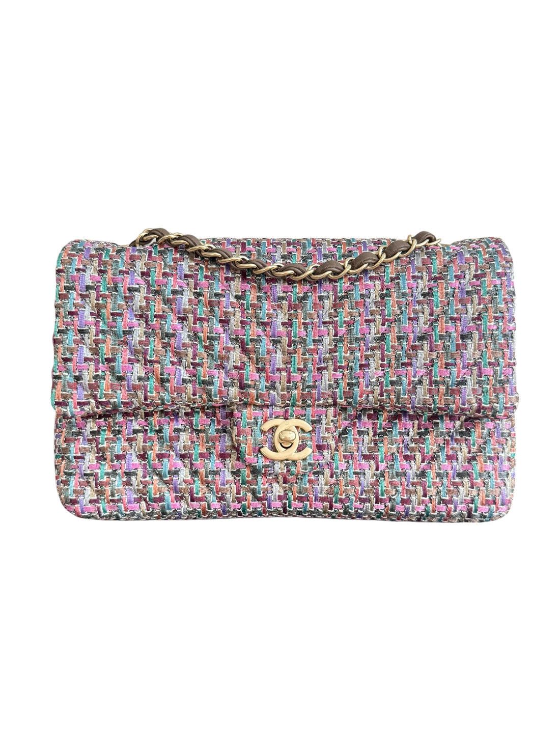 Chanel Timeless Double Flap Bag Medium mehrfarbig in den Farben rosa/lila/grau/turkis/grün/beige in Tweed