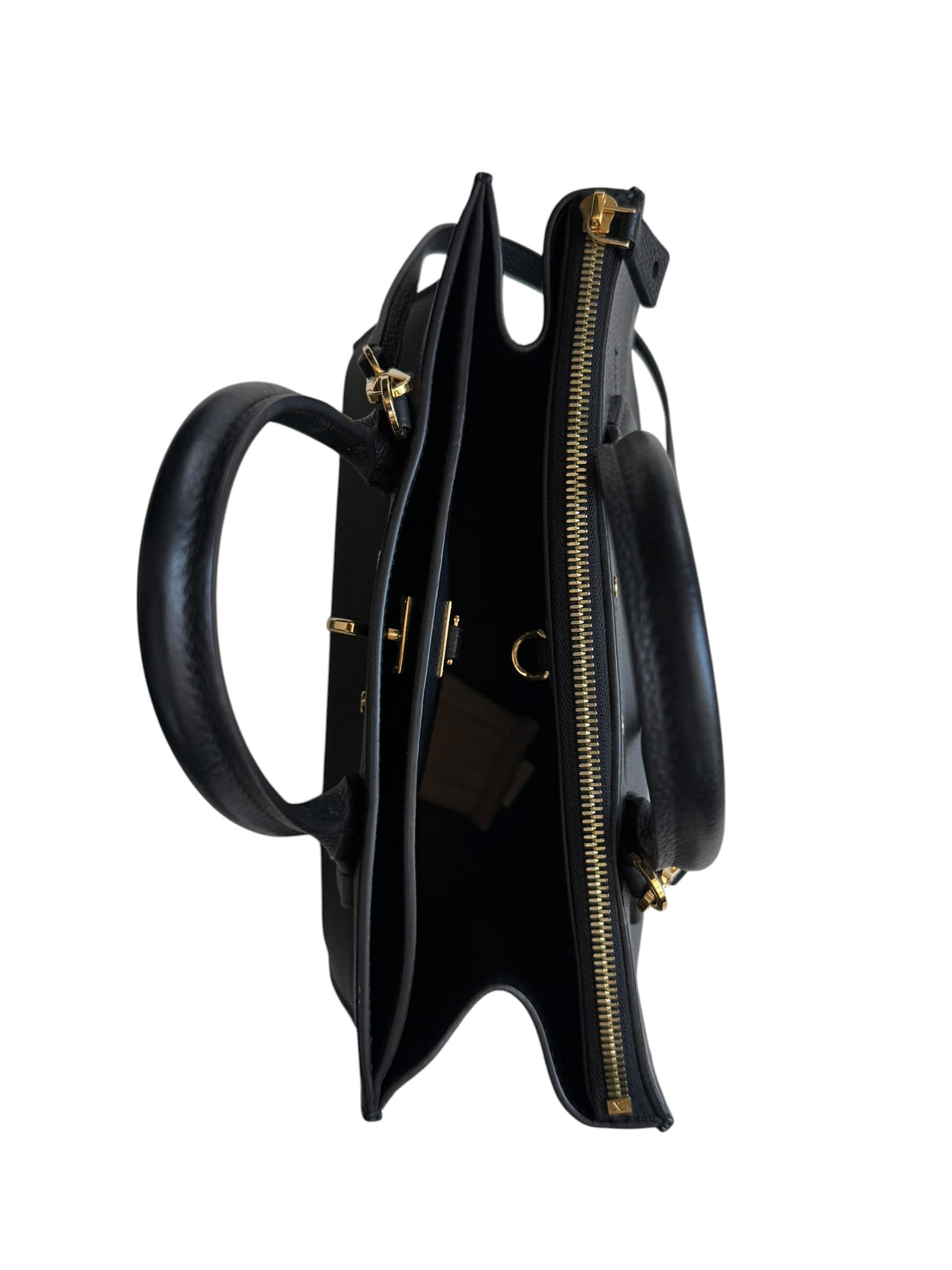 Louis Vuitton City Steamer MM Handtasche aus schwarzem genarbtem Taurillon Kalbsleder mit goldfarbenen Metalldetails und dem charakteristischen Vorhängeschloss.