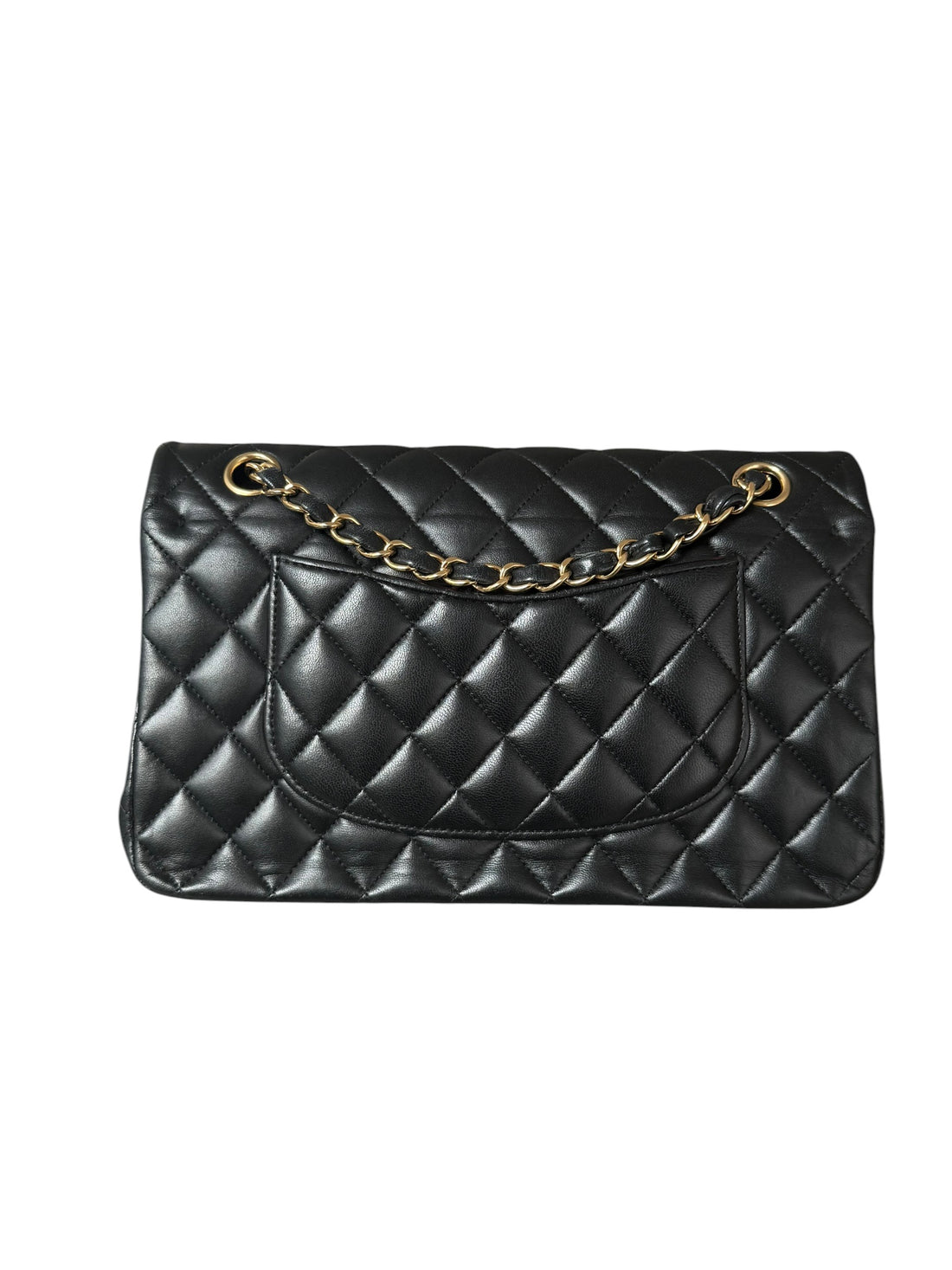 CHANEL Medium Classic Double Flap Bag aus schwarzem Lammleder und goldfarbener Hardware