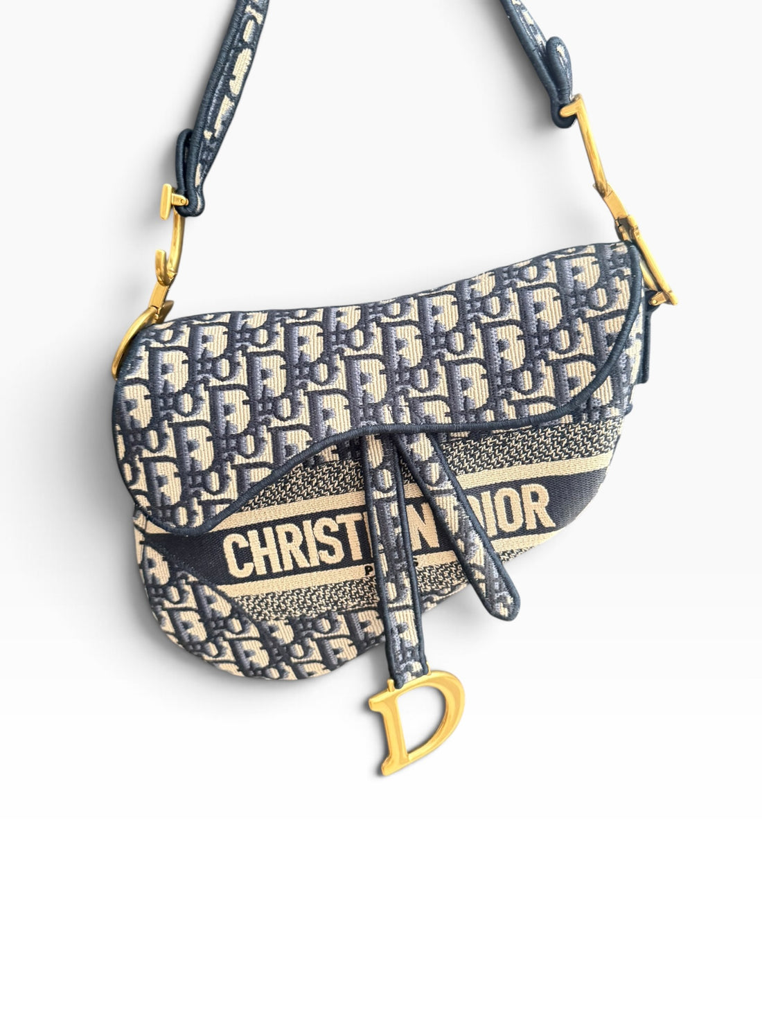 Borsa Saddle Christian Dior con ricamo Dior Oblique all-over in blu e pattina Saddle