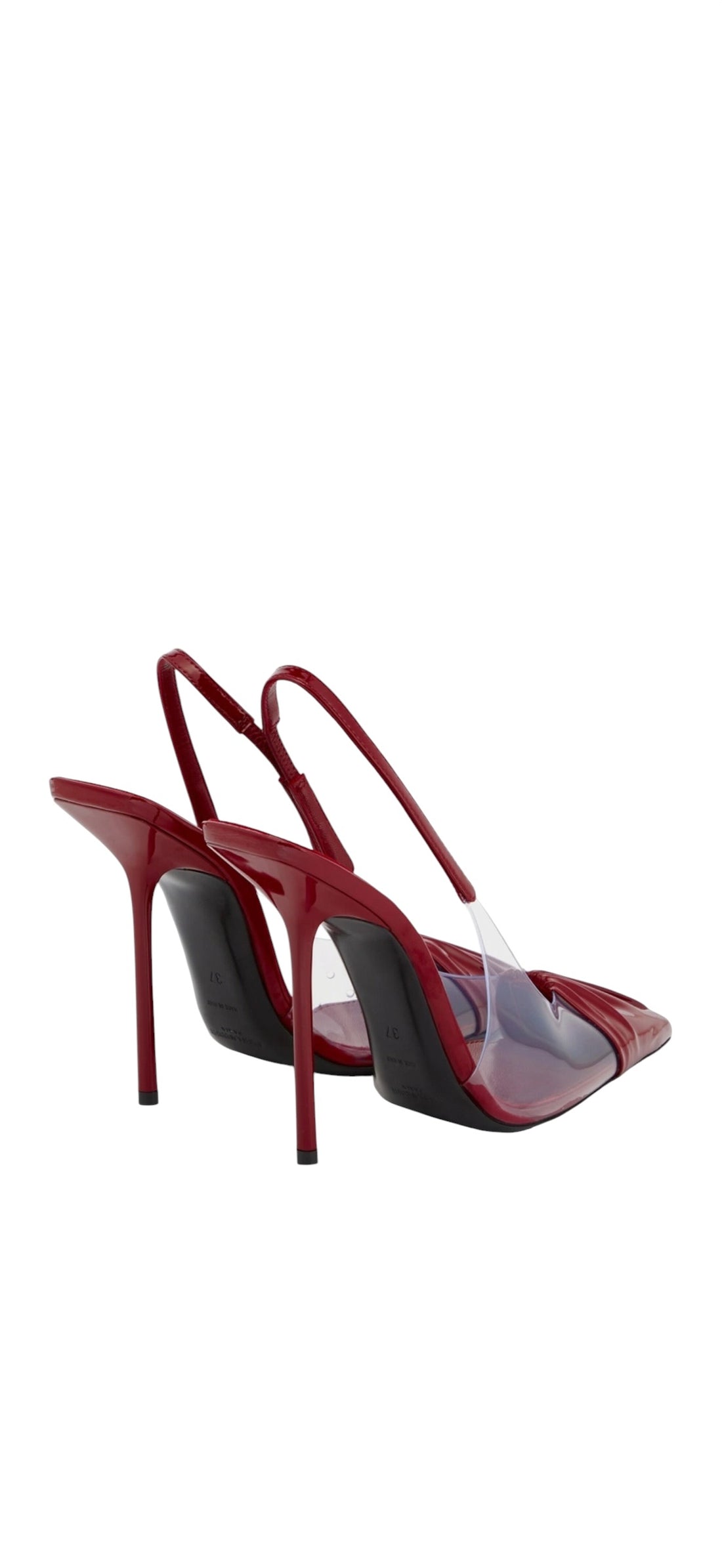 YSL Saint Laurent High Heels Chica Slingback Pumps aus dunkelrotem Lackleder und transparentem PVC.