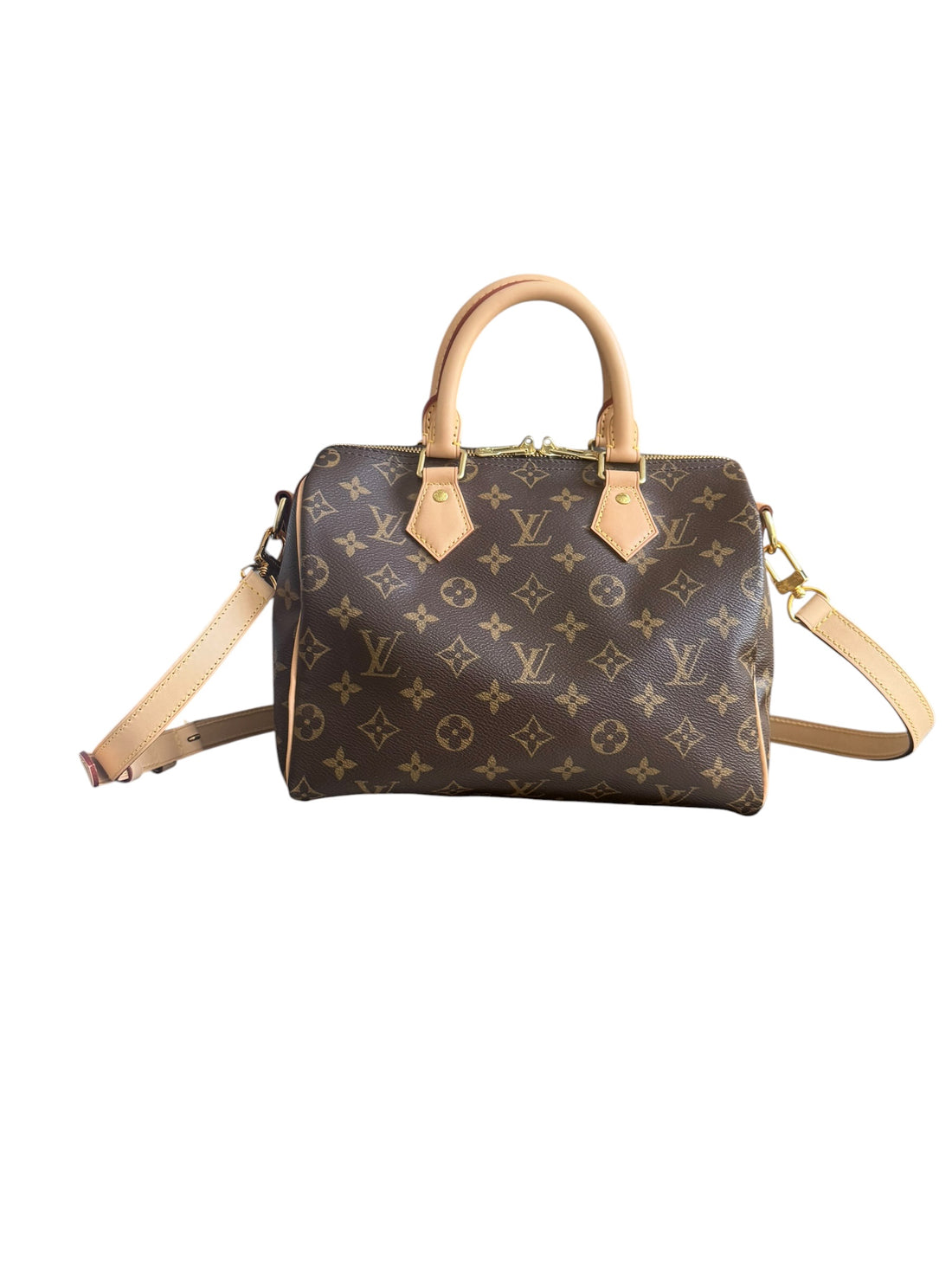 Louis Vuitton Speedy 25 in Monogram Canvas mit abnehmbarem und verstellbarem Schulterriemen.