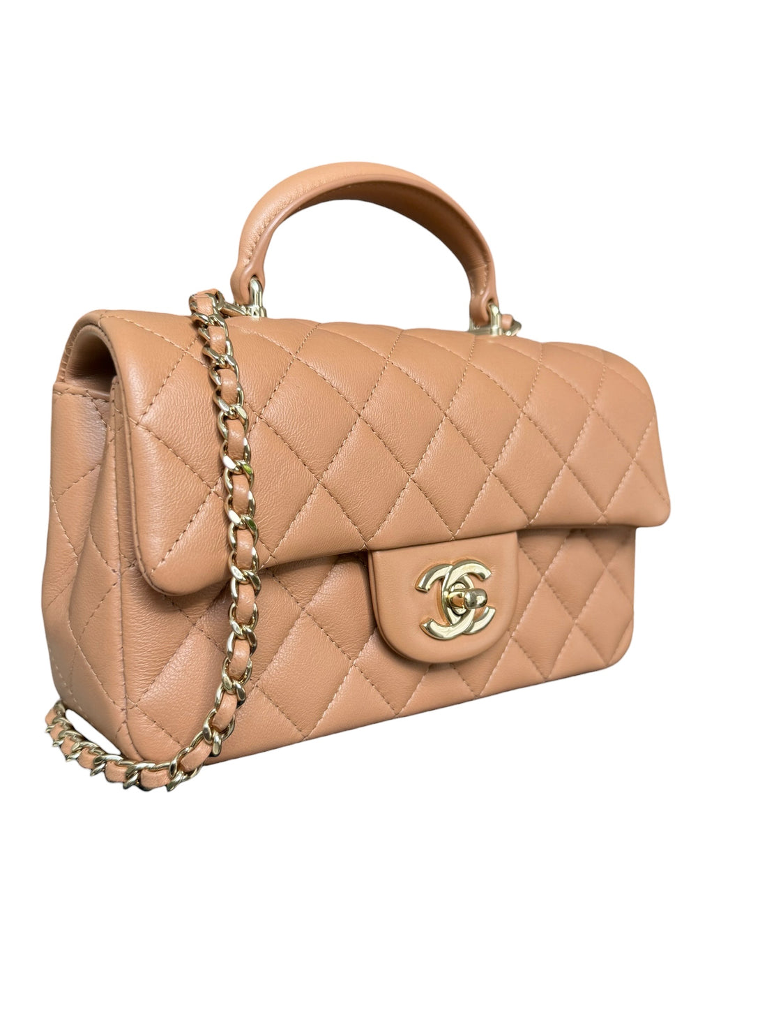 Chanel Top Handle aus dunkelbeigem (karamellfarbenem) Leder und champagnerfarbenem Metall