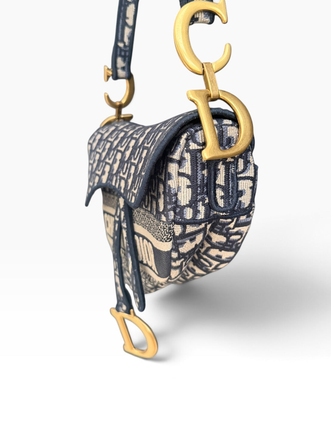 Borsa Saddle Christian Dior con ricamo Dior Oblique all-over in blu e pattina Saddle
