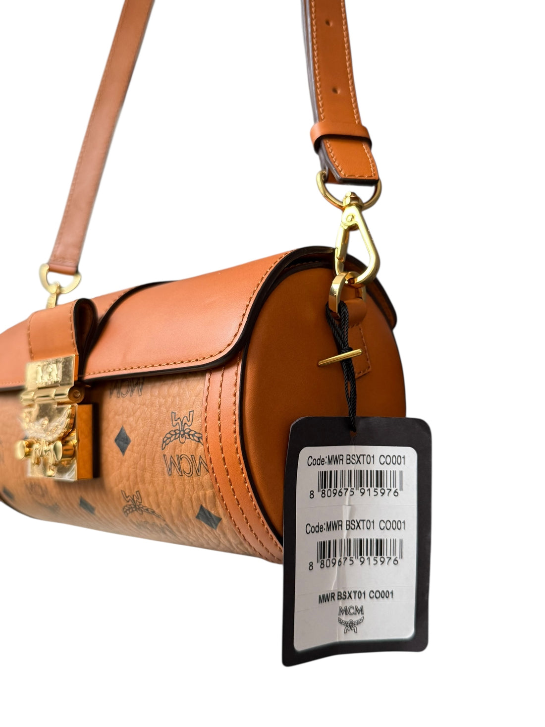 MCM Small Tracy Visetos Zylinder-Umhängetasche in Cognac-braunem beschichtetem Canvas und Leder.