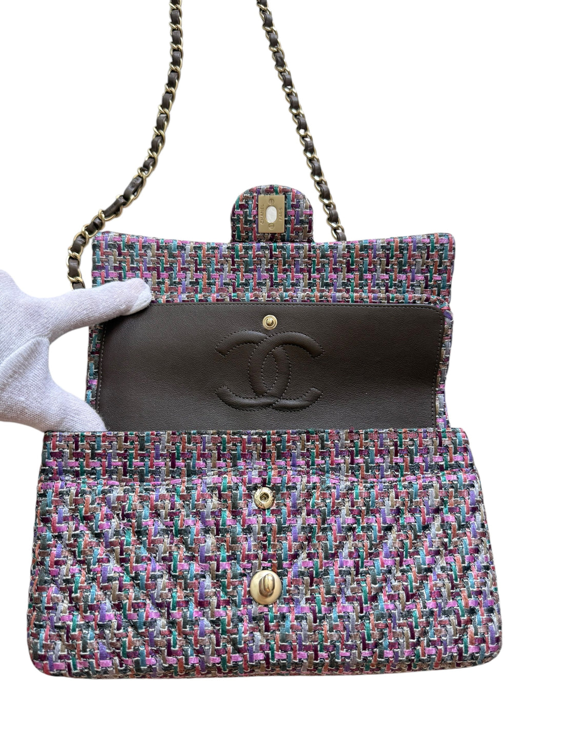Chanel Timeless Double Flap Bag Medium mehrfarbig in den Farben rosa/lila/grau/turkis/grün/beige in Tweed