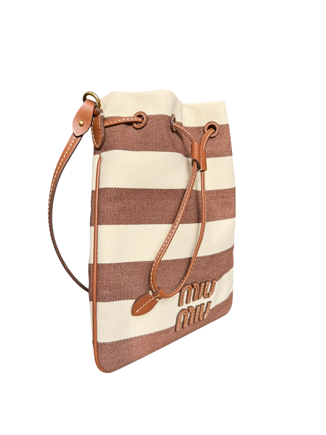 Miu Miu Beuteltasche aus braun-weiss gestreiftem Canvas und Kordelzug aus Leder