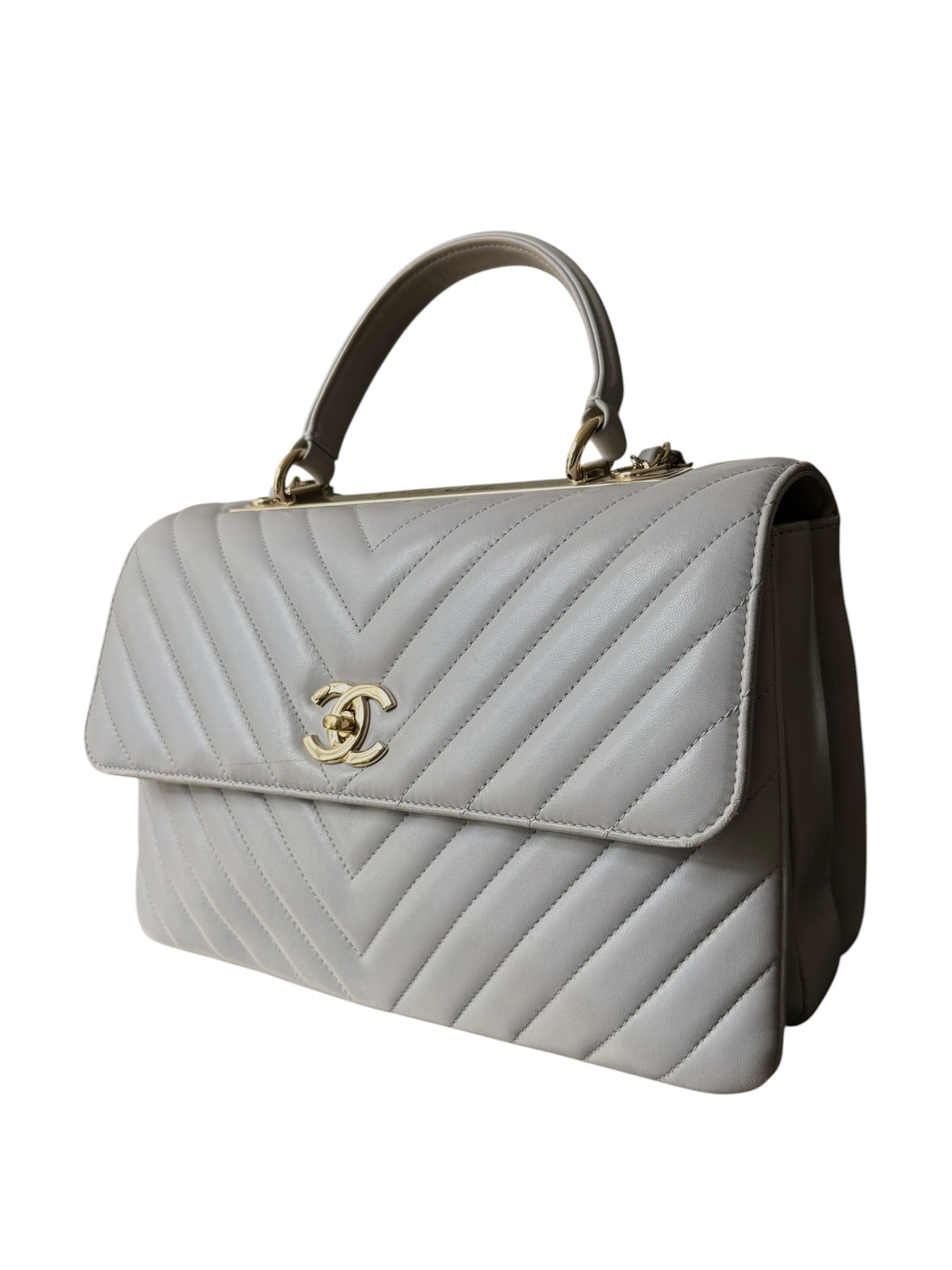 Chanel Trendy CC Chevron mit Griff aus grauem Lammleder und champagnerfarbener Hardware.