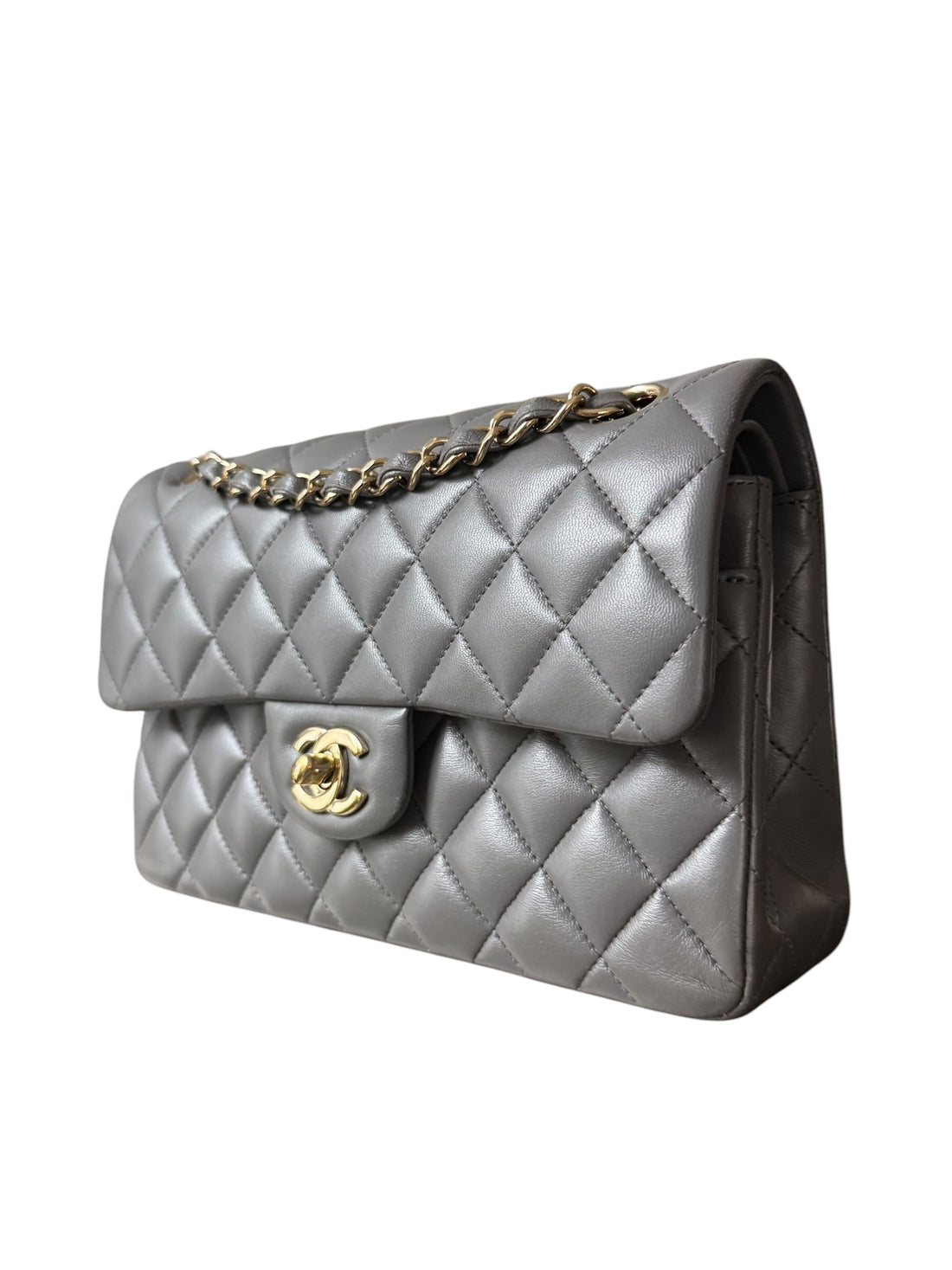 Chanel Classic Small Double Flap Tasche aus grauem Lammleder und champagnerfarbener Hardware