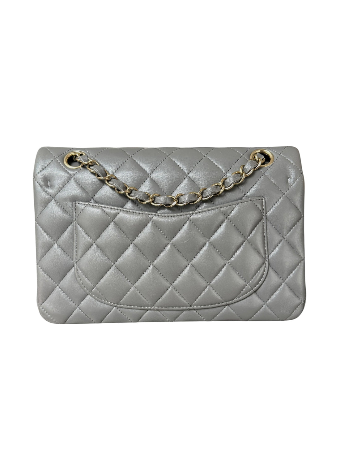 Chanel Classic Small Double Flap Tasche aus grauem Lammleder und champagnerfarbener Hardware