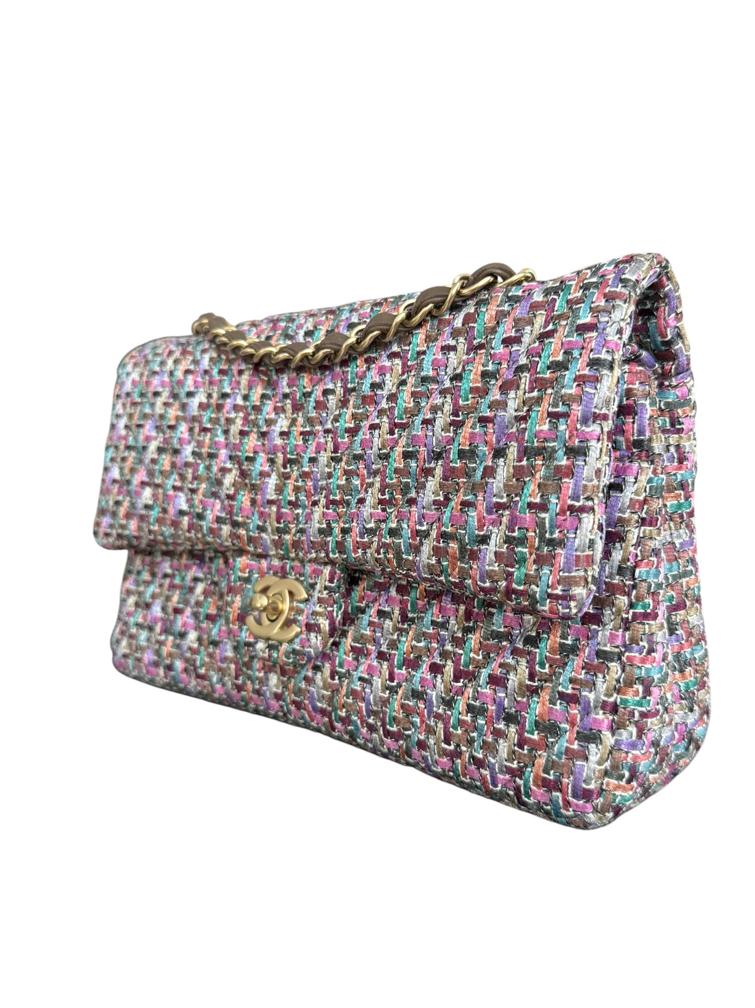 Chanel Timeless Double Flap Bag Medium mehrfarbig in den Farben rosa/lila/grau/turkis/grün/beige in Tweed