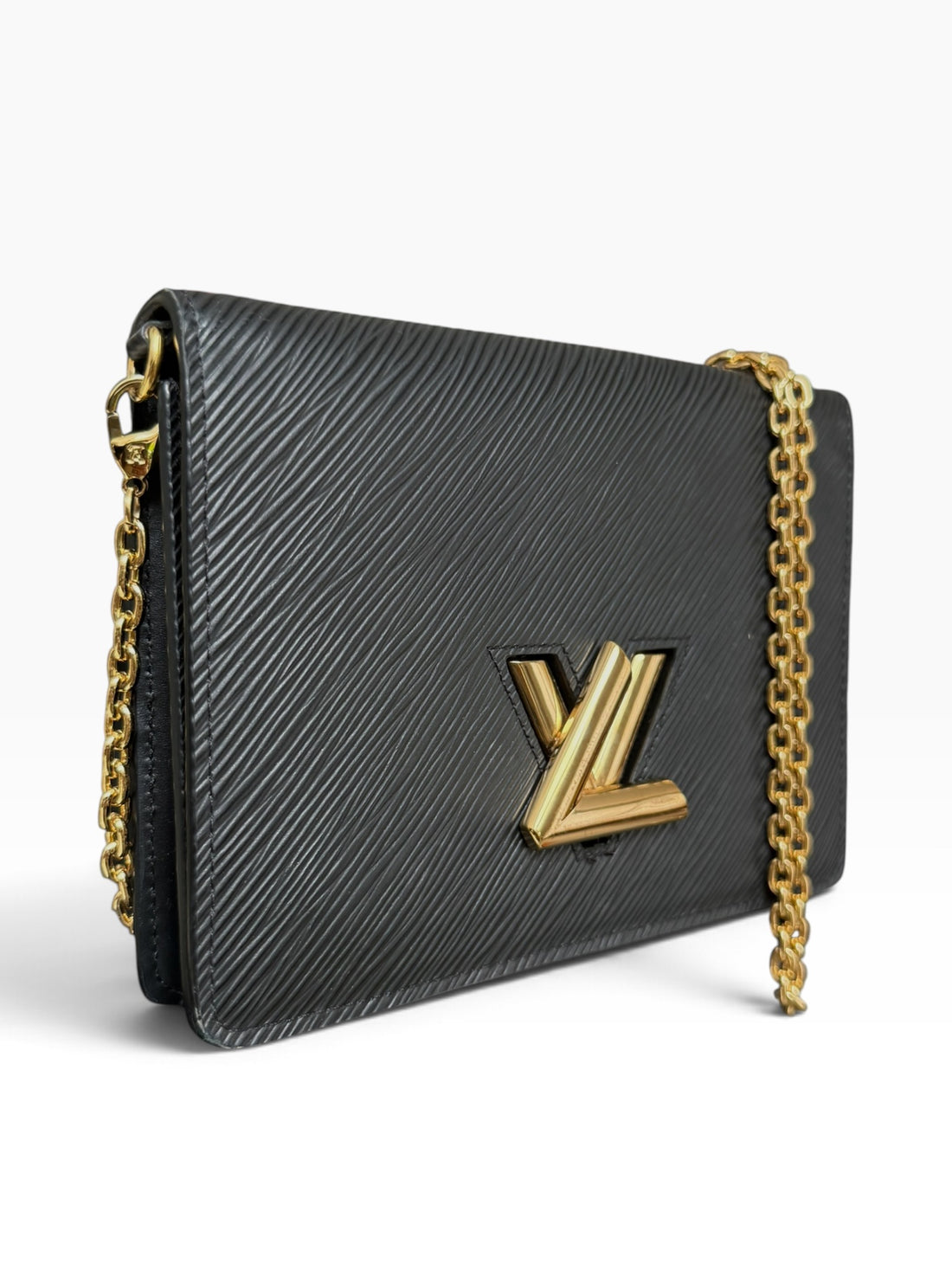 Louis Vuitton Twist Chain Wallet aus schwarzem Epi-Leder mit einem markanten, goldfarbenen LV-Drehverschluss.