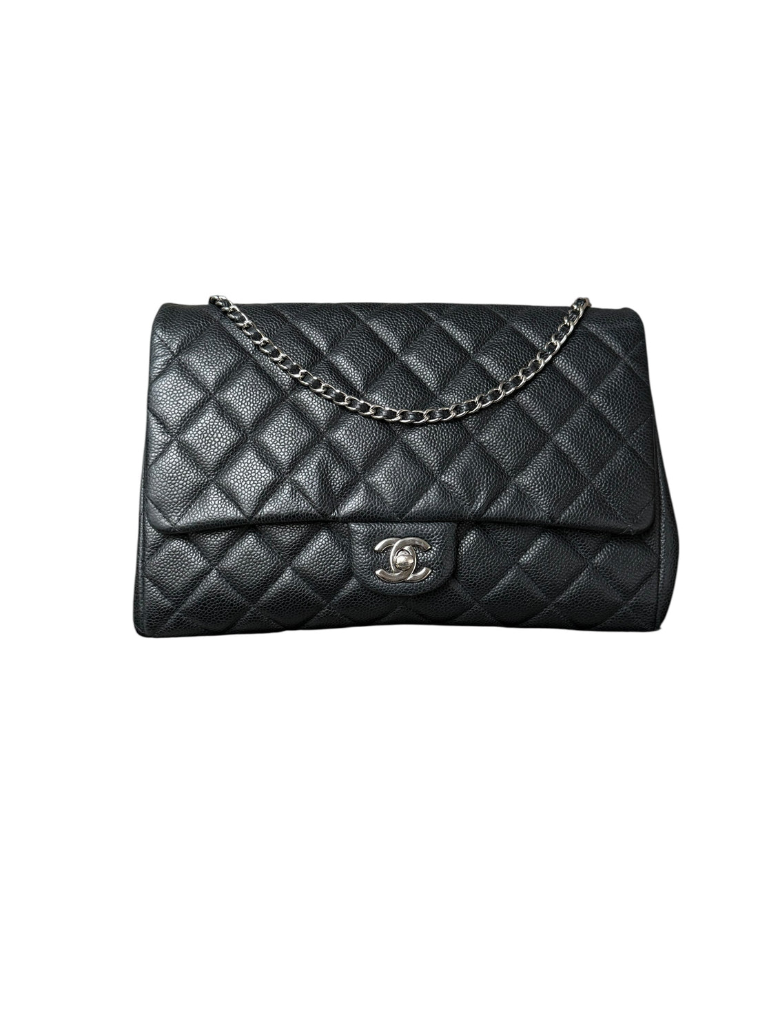Chanel Classic Timeless Single Flap Bag Clutch aus schwarzem Kaviarleder und silberfarbener Hardware.