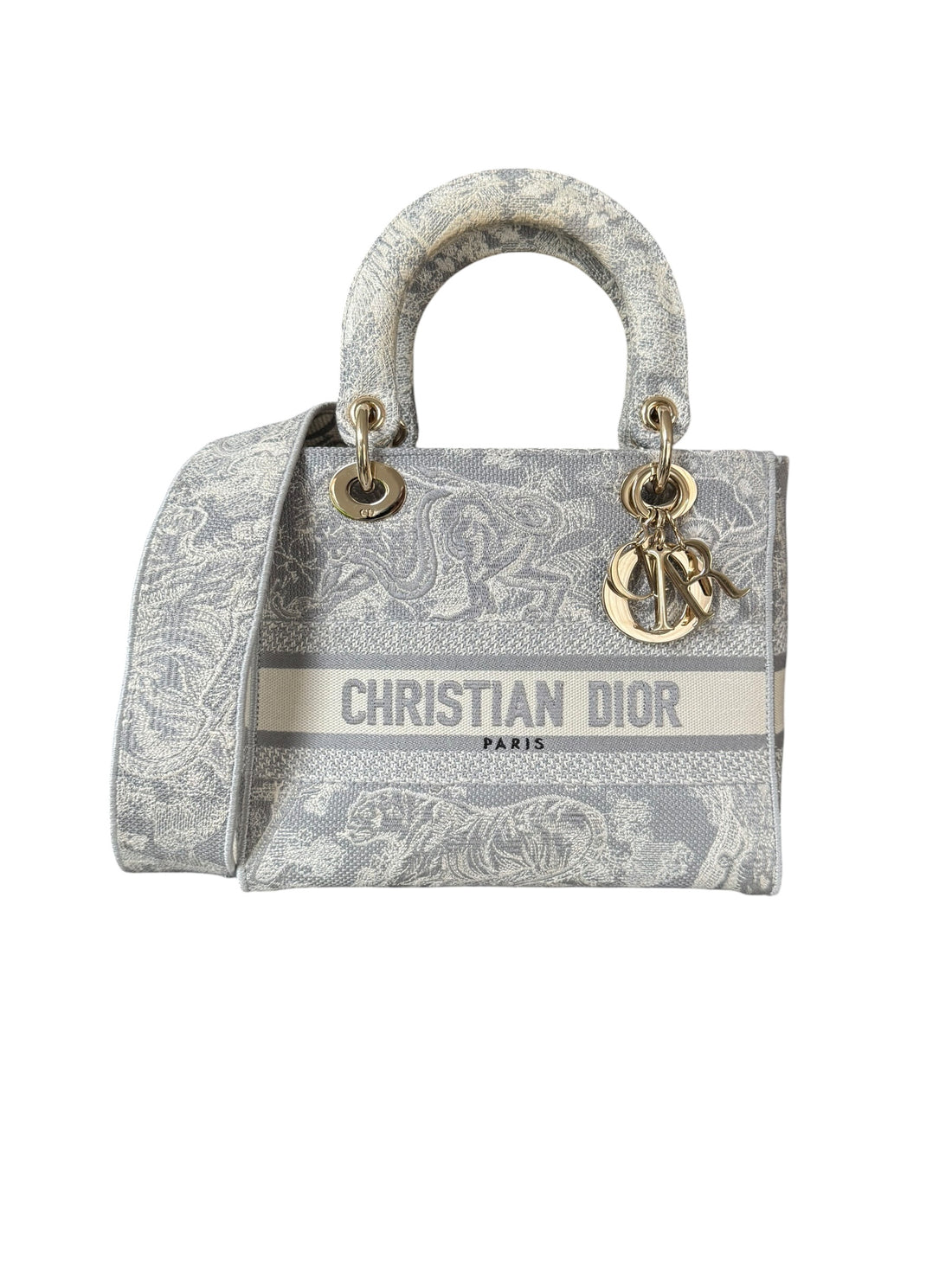 Christian Dior Lady Medium Canvas Toile De Jouy Embroidered Medium Lady D-Lite in der Farbe grau und ecru mit abnehmbarem Schulterriemen