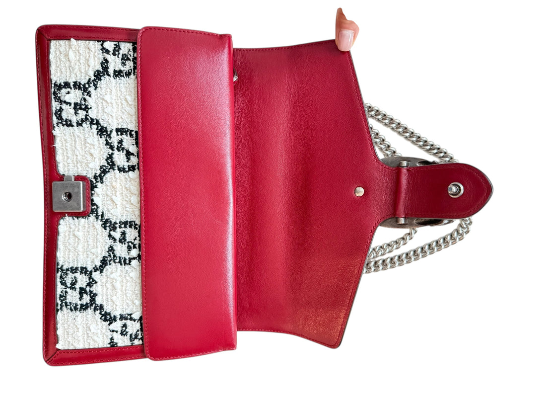 Gucci Dionysus GG Schultertasche Tweed schwarz/weiss/rot.