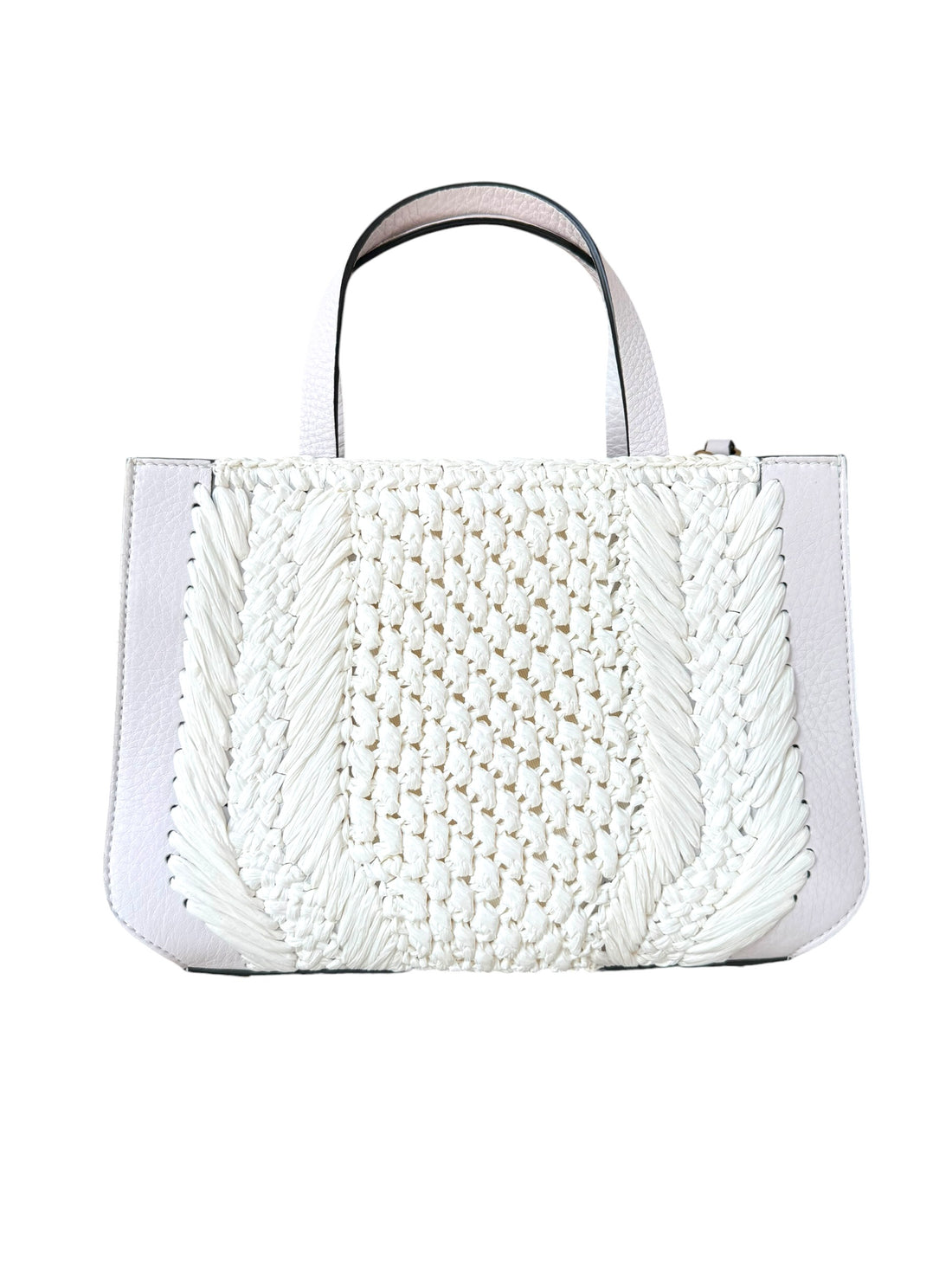 Valentino Tasche mit Logoplakette von VALENTINO GARAVANI in der Farbe Kreide, mit Lederbesatz, Raffiabast und goldfarbener Logoplakette