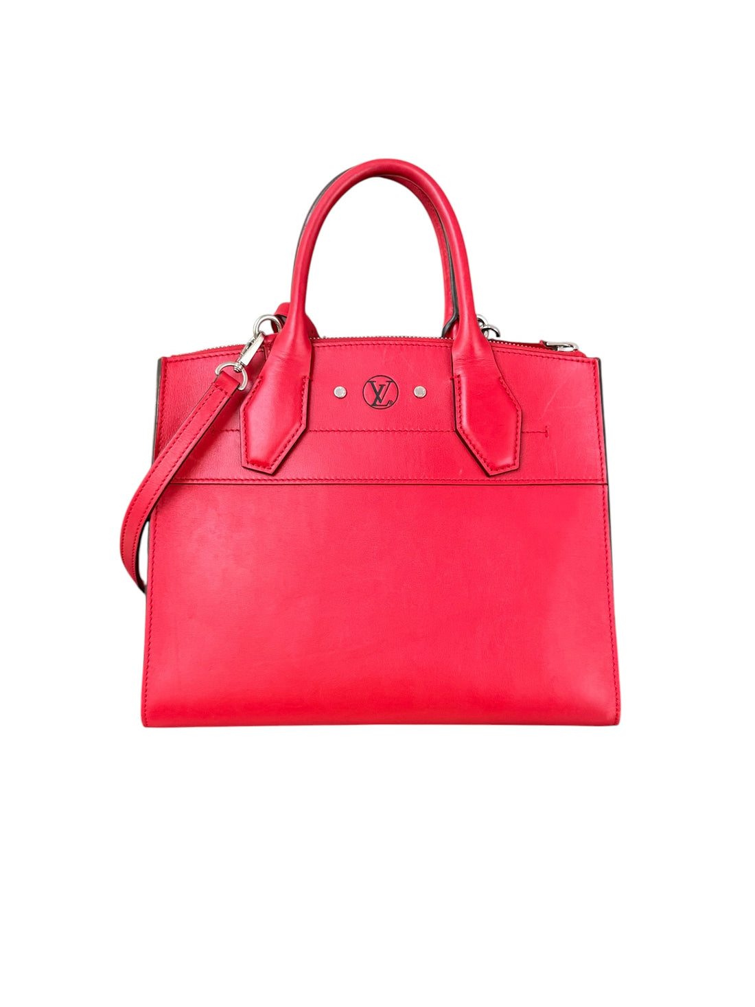 Louis Vuitton City Steamer PM aus glattem Kalbsleder in der Farbe Rot mit silberfarbenen Beschlägen.