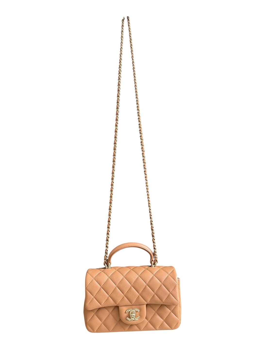 Chanel Top Handle aus dunkelbeigem (karamellfarbenem) Leder und champagnerfarbenem Metall