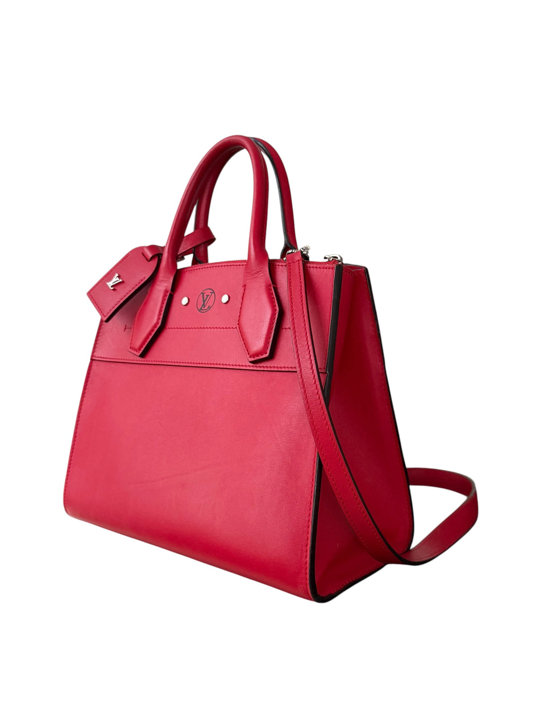 Louis Vuitton City Steamer PM aus glattem Kalbsleder in der Farbe Rot mit silberfarbenen Beschlägen.