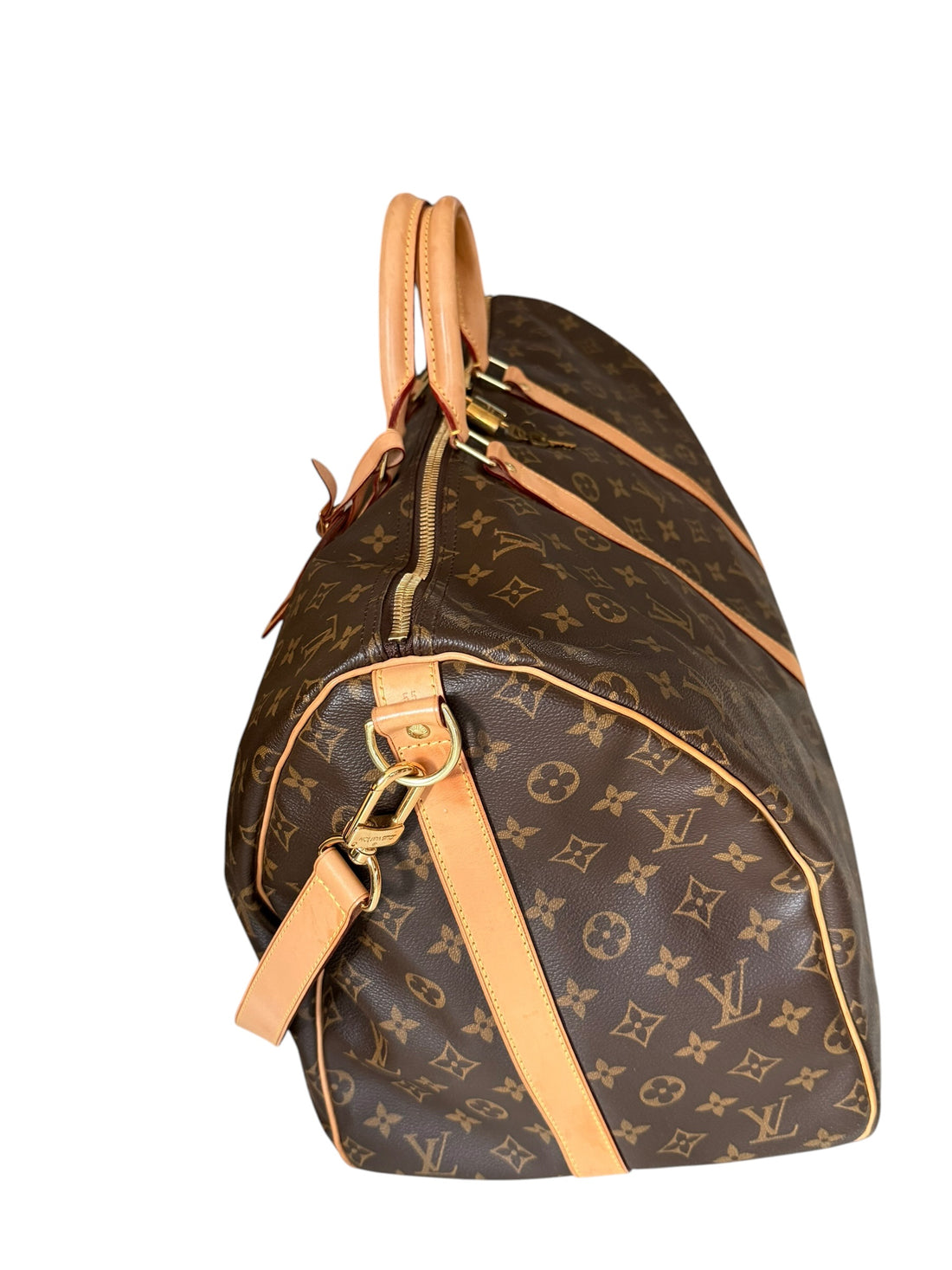 Louis Vuitton Keepall 55 Monogram Canvas mit abnehm- und verstellbarem Schulterriemen.