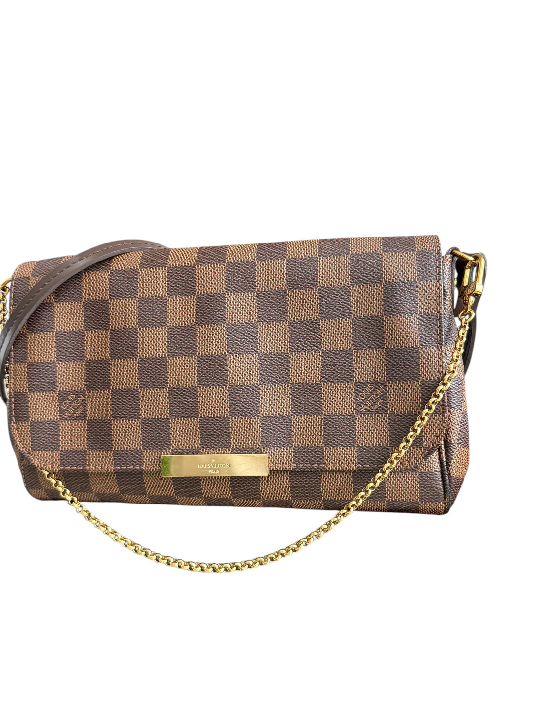 Louis Vuitton Favorite in Damier Ebene mit abnehmbarer Kette und abnehmbaren Schulterriemen.