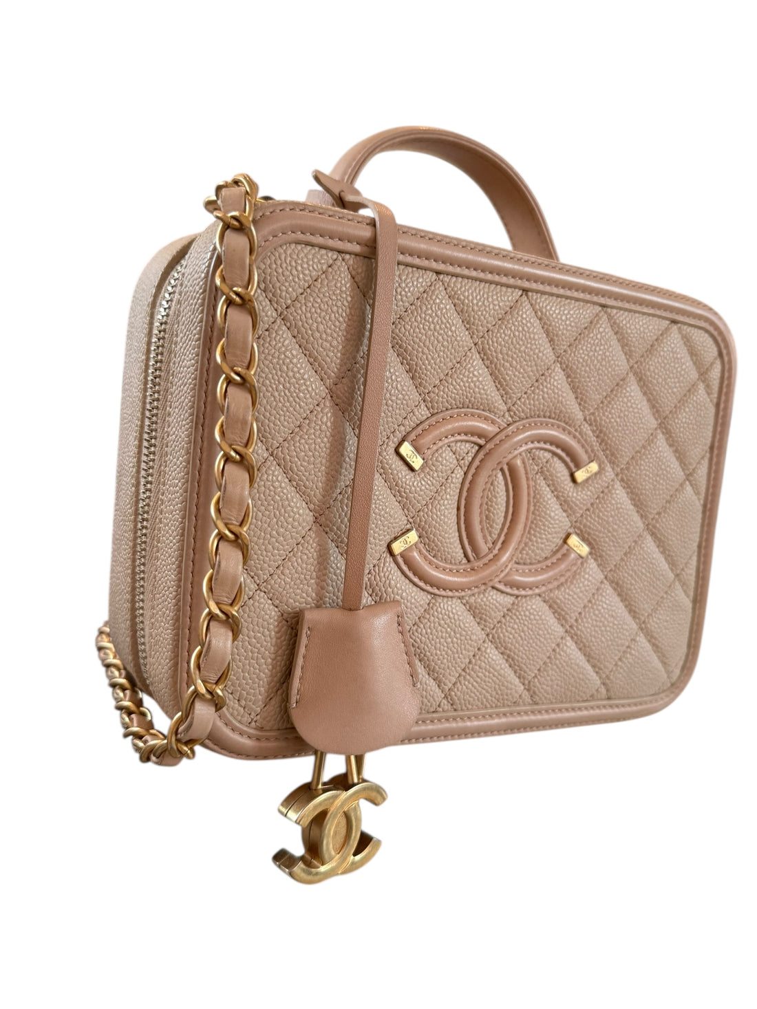 Chanel Vanity Case Medium aus strapazierfähigem Caviar-Leder in Beige