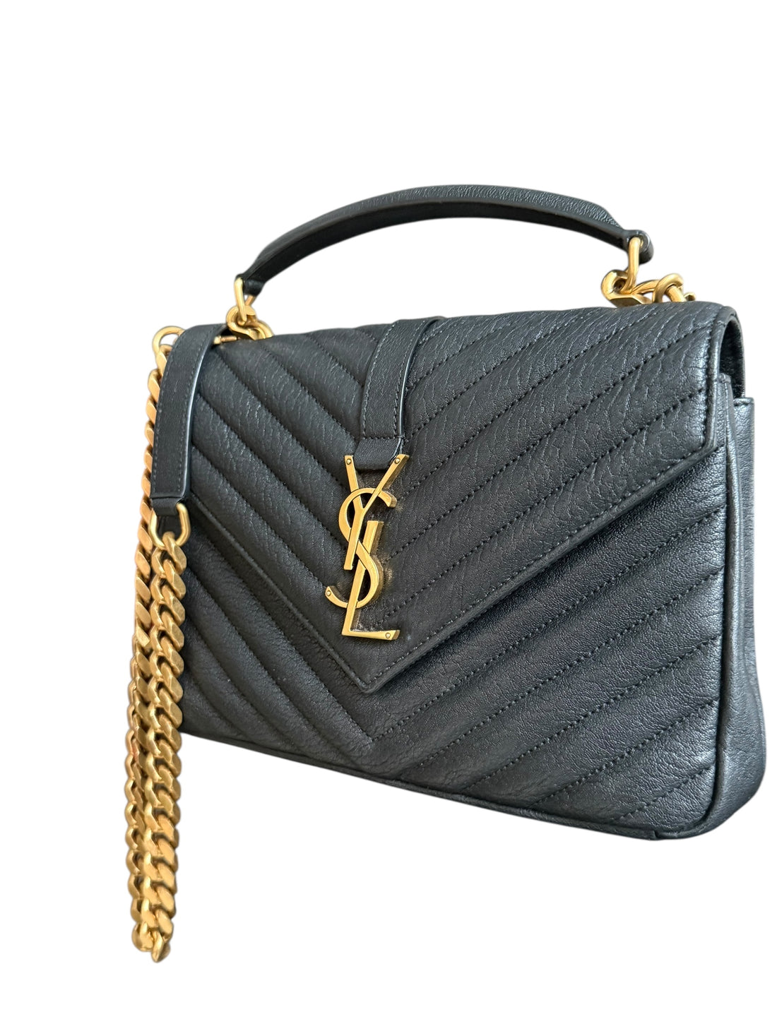 YSL Saint Laurent Collège Medium Schultertasche aus gestepptem schwarzem genarbtem Leder