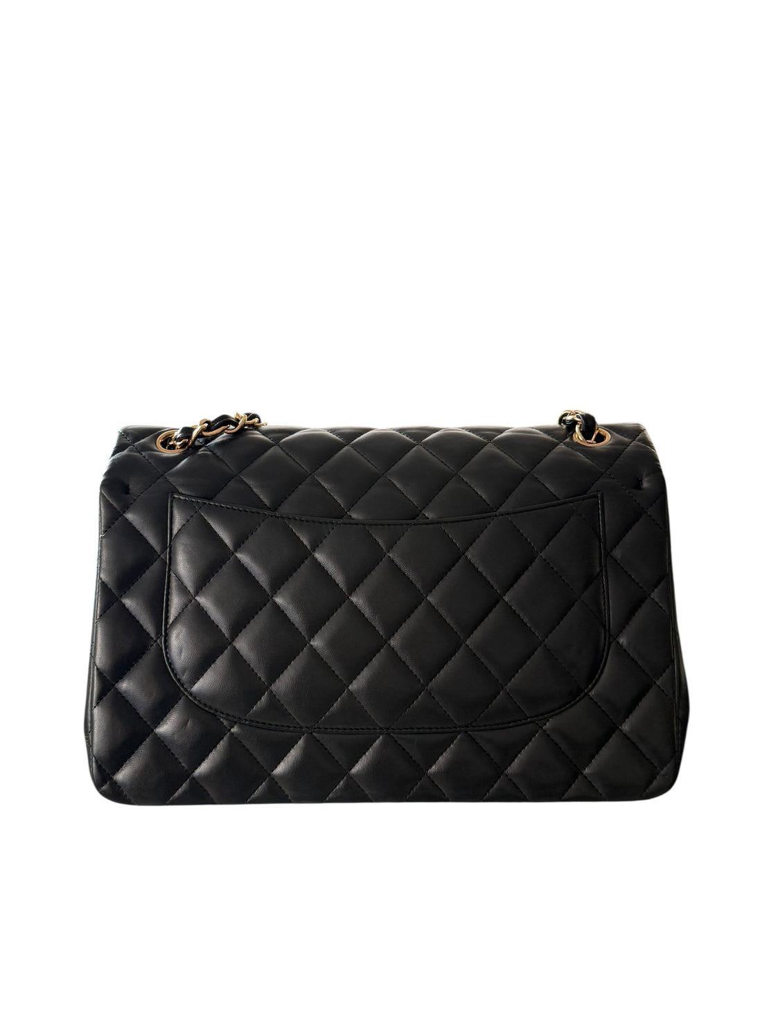 Chanel Classic Timeless Jumbo Double Flap Bag aus schwarzem Lammleder mit goldfarbener Hardware.