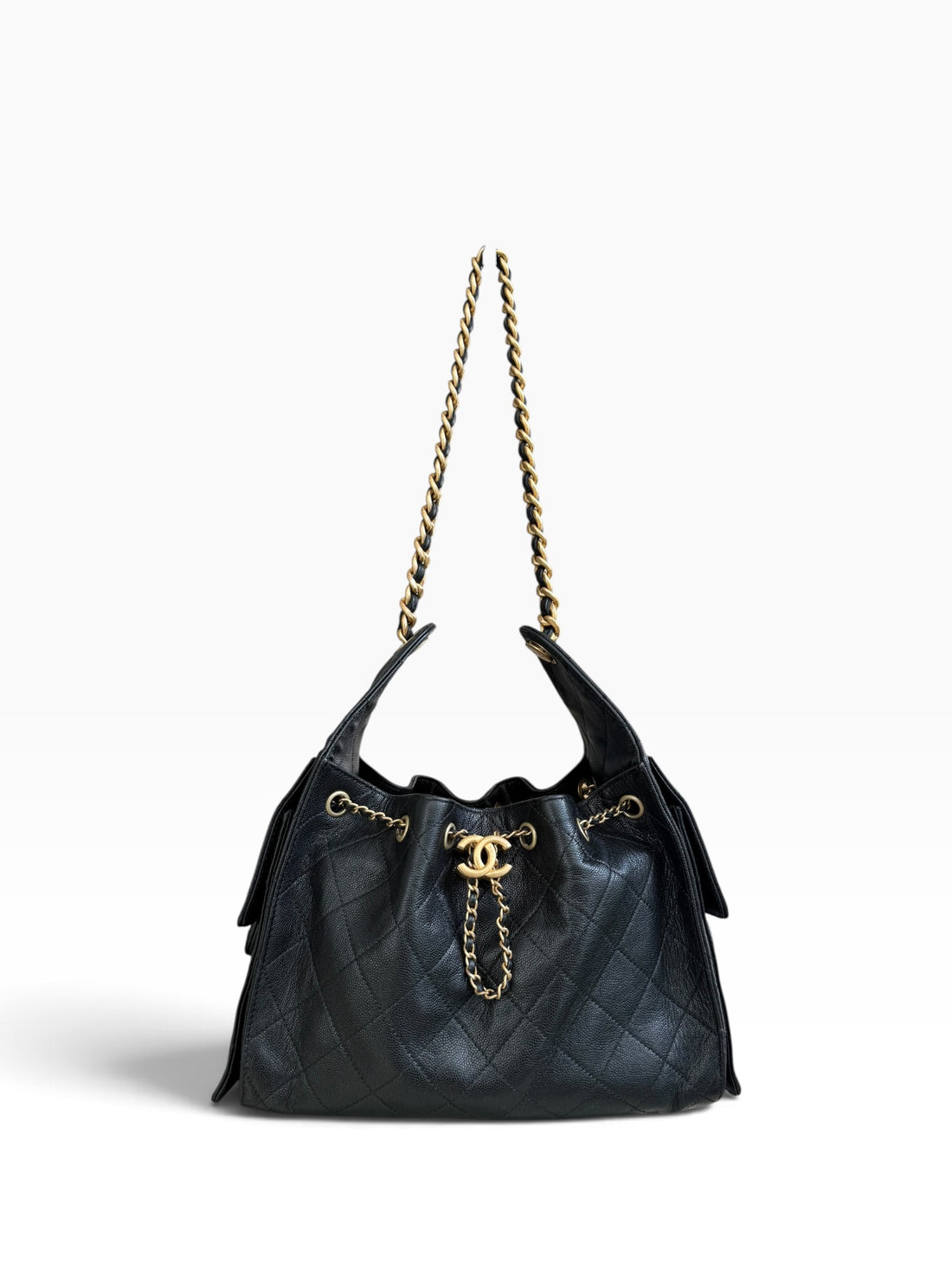 Chanel 25 small schwarzes Kaviarleder und goldfarbene Hardware