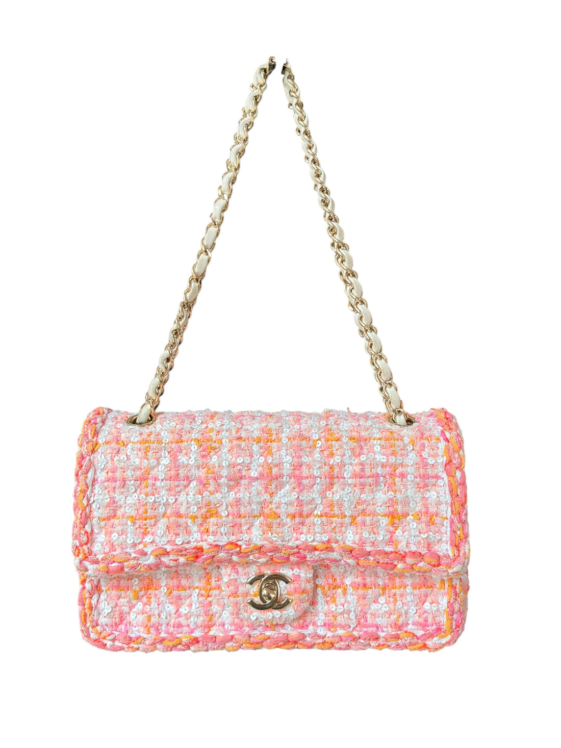 Chanel Timeless Double Flap Bag Medium in den Farben Rosa, Orange, Weiß mit geflochtenen Pailletten in Tweed.