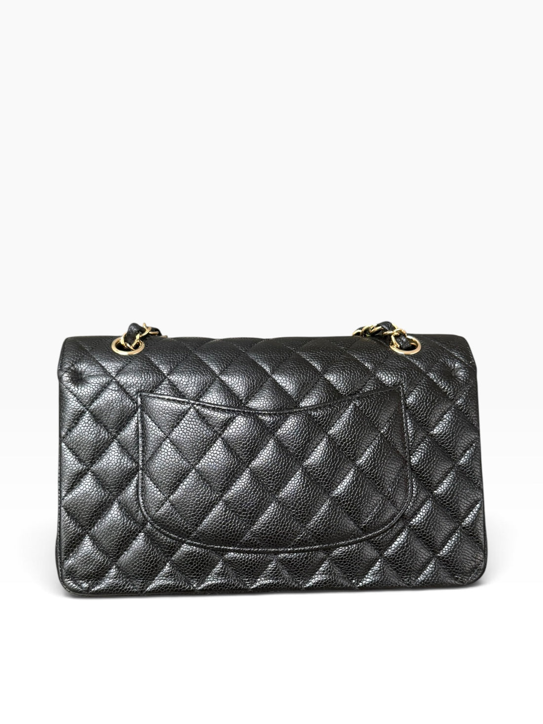 Borsa Chanel Classic Timeless Double Flap media in pelle caviar nera con hardware color oro.