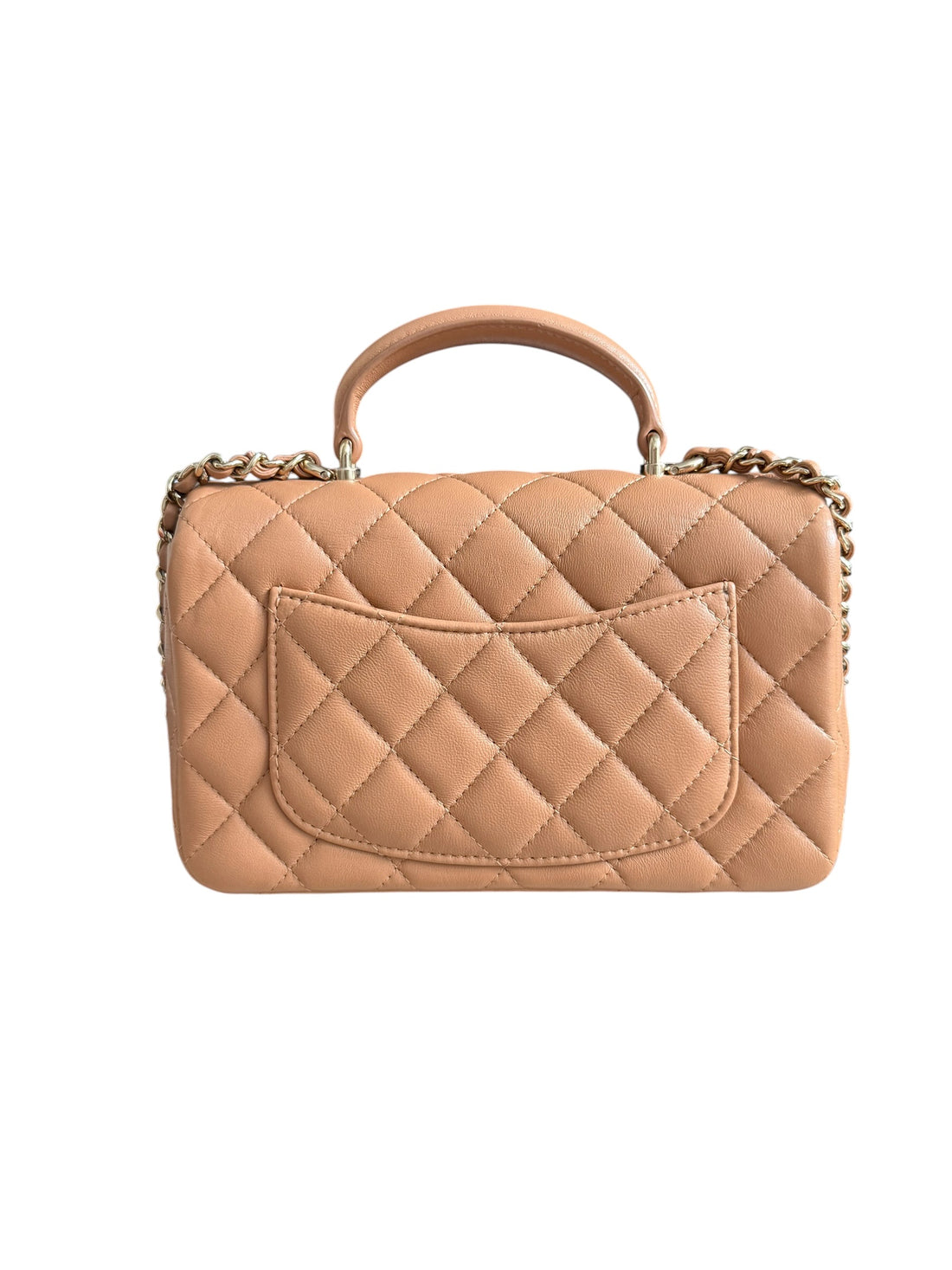 Chanel Top Handle aus dunkelbeigem (karamellfarbenem) Leder und champagnerfarbenem Metall