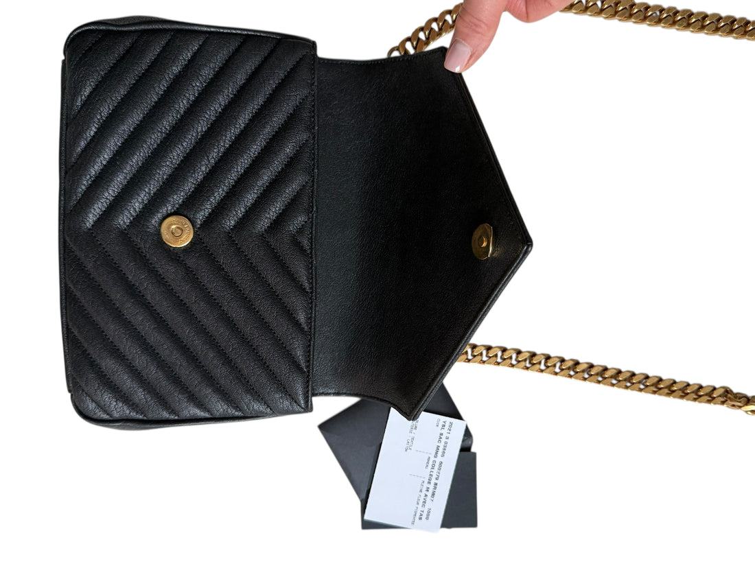 YSL Saint Laurent Collège Medium Schultertasche aus gestepptem schwarzem genarbtem Leder