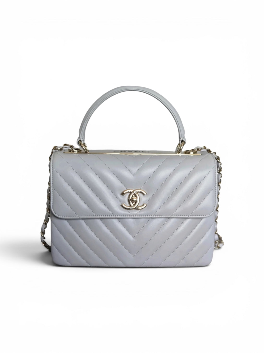 Chanel Trendy CC Chevron mit Griff aus grauem Lammleder und champagnerfarbener Hardware.