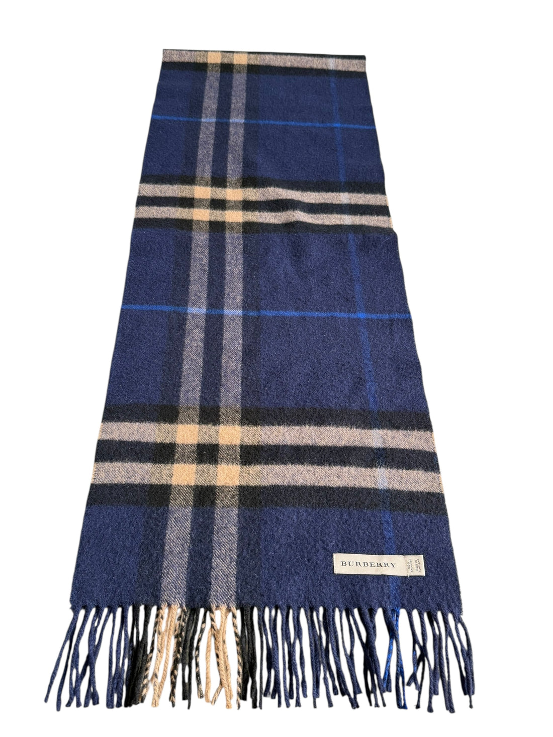 Burberry 100% Cashmere Schal in den Farbeb blau, schwarz und beige