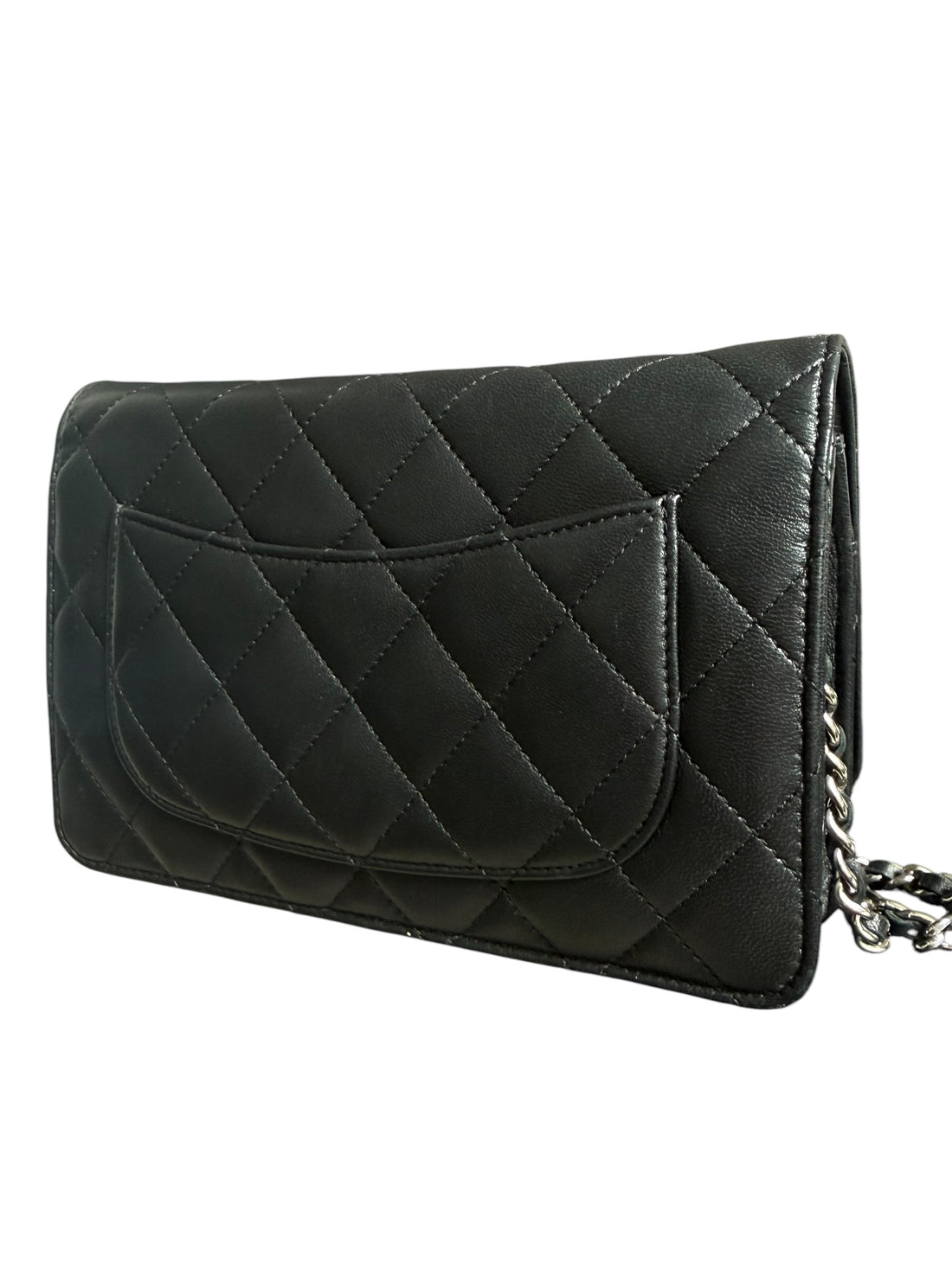 CHANEL WOC Wallet on Chain aus schwarzem Lammleder und silberfarbener Hardware