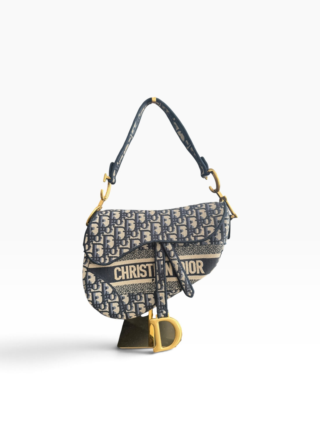 Borsa Saddle Christian Dior con ricamo Dior Oblique all-over in blu e pattina Saddle