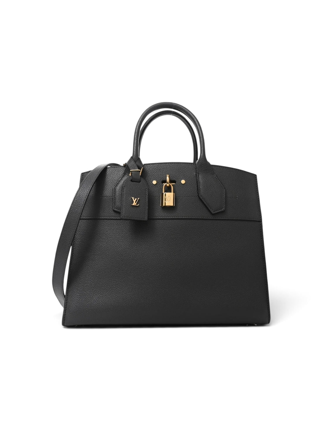 Louis Vuitton City Steamer MM Handtasche aus schwarzem genarbtem Taurillon Kalbsleder mit goldfarbenen Metalldetails und dem charakteristischen Vorhängeschloss.