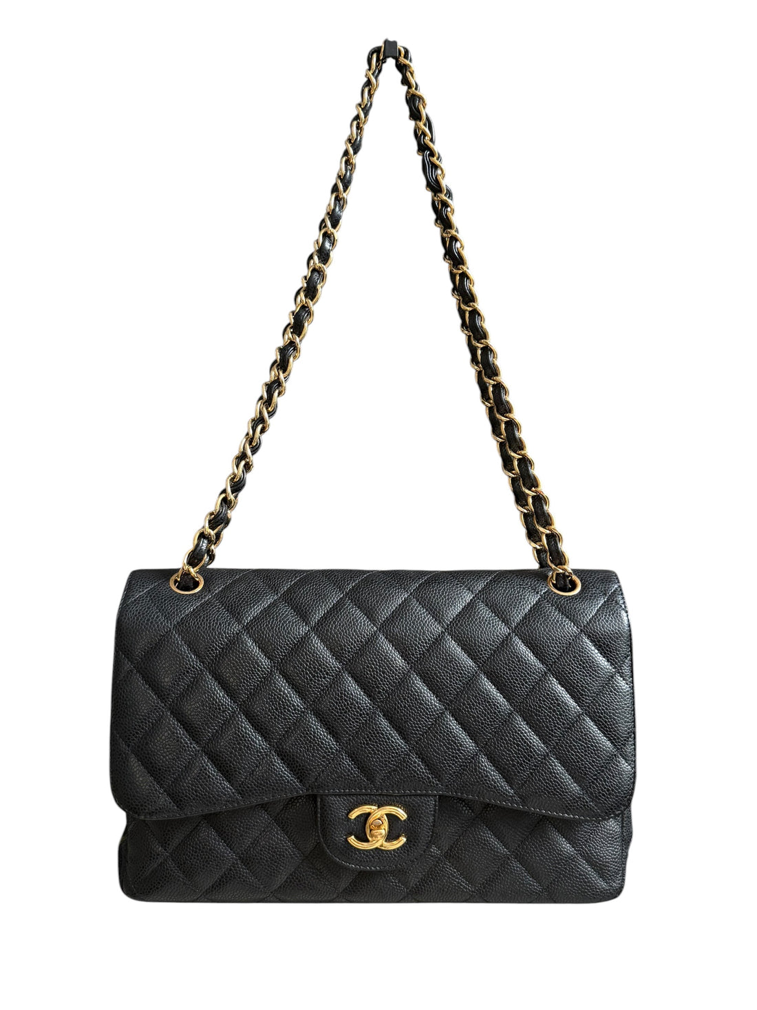Chanel Classic Timeless Jumbo Double Flap Bag aus schwarzem Caviarleder (genarbtes Kalbsleder) mit goldfarbener Hardware.
