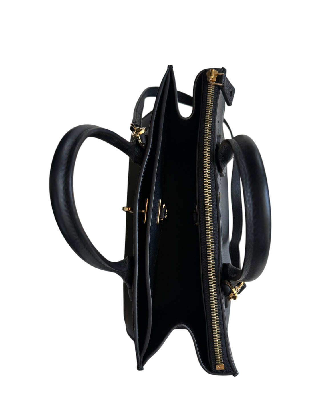 Louis Vuitton City Steamer MM Handtasche aus schwarzem genarbtem Taurillon Kalbsleder mit goldfarbenen Metalldetails und dem charakteristischen Vorhängeschloss.