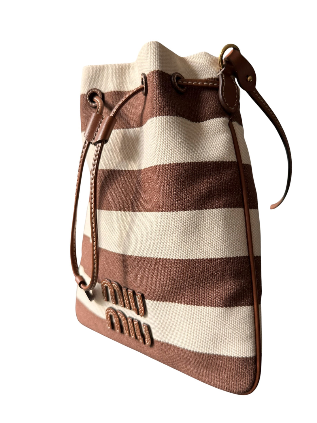 Miu Miu Beuteltasche aus braun-weiss gestreiftem Canvas und Kordelzug aus Leder