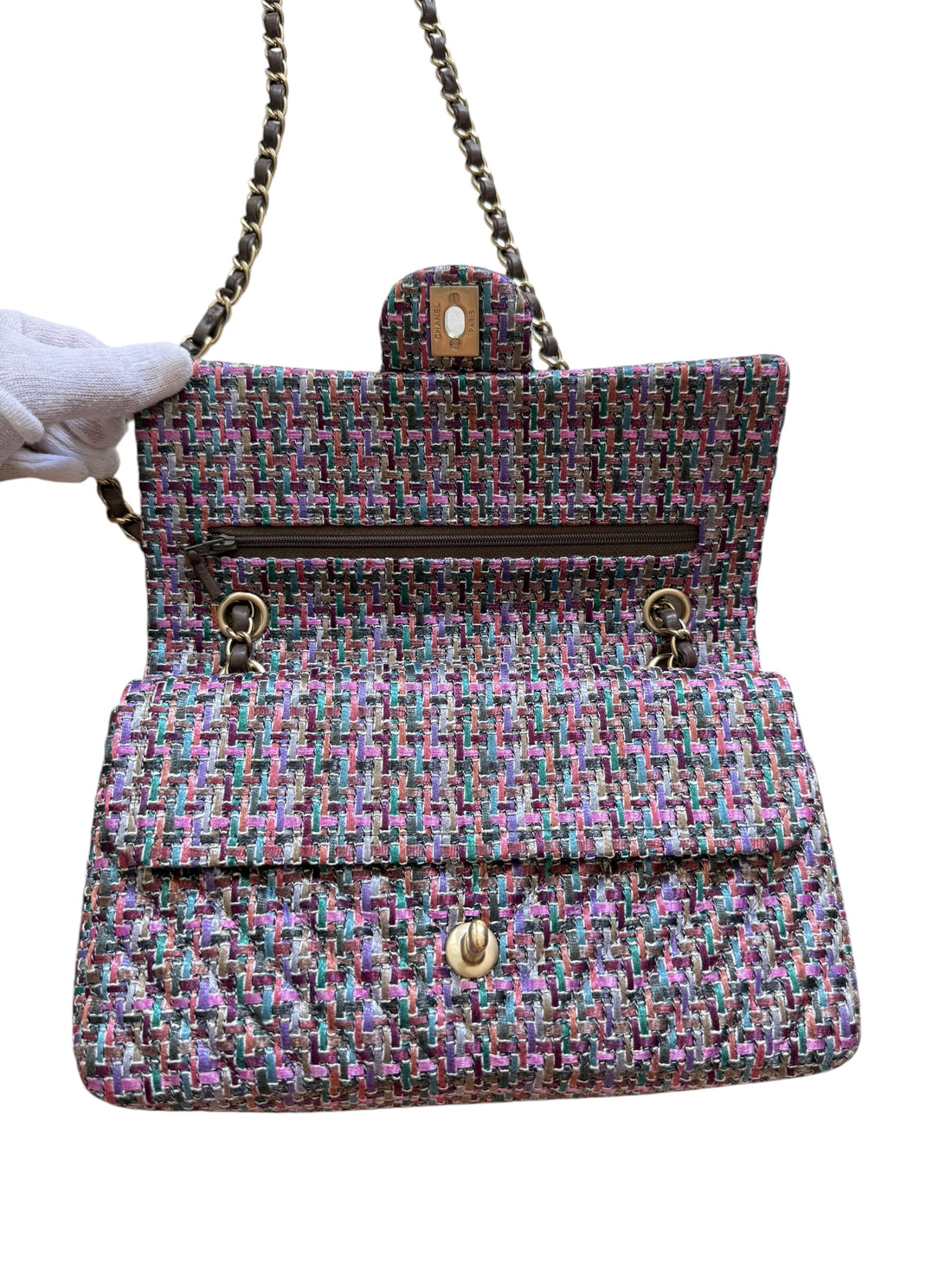Chanel Timeless Double Flap Bag Medium mehrfarbig in den Farben rosa/lila/grau/turkis/grün/beige in Tweed